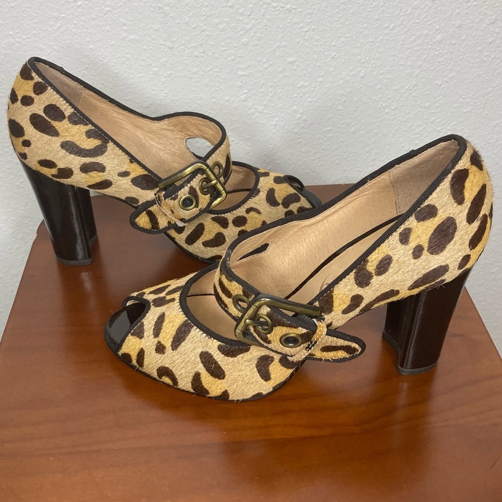 Leopard Print Heels Leather Sole Calf Hair Peeptoe